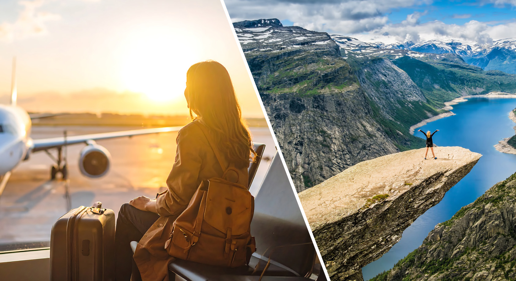 A business woman looks out over her plane in an airport lounge, while another woman stands overlooking an amazing view of a river with her hands above her head