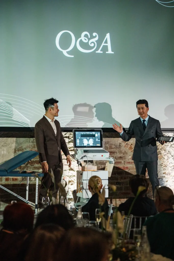 Two presenters on stage at the Merz Aesthetics Ultherapy PRIME Launch & Showcase Dinner – Peanut Productions case study